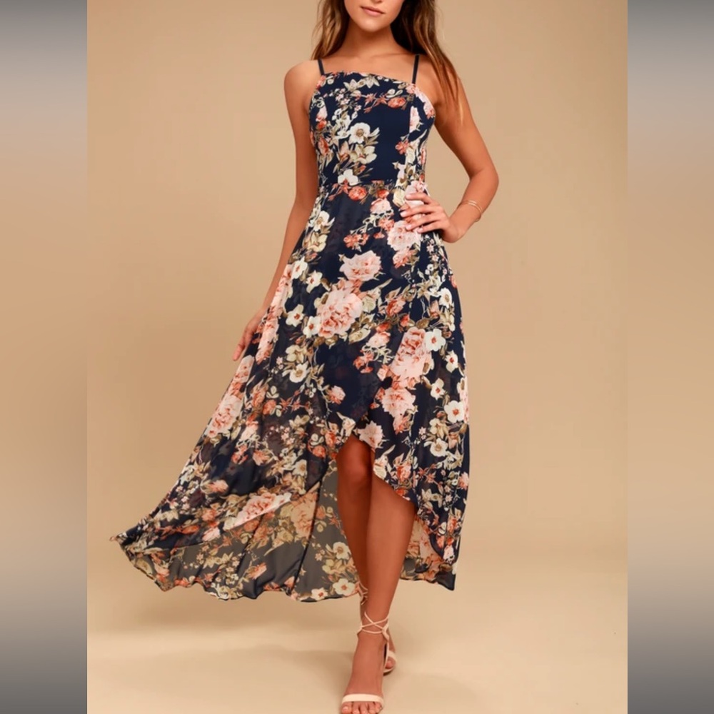 Lulus - Reflection Navy Blue Floral Print High-low Dress - M
